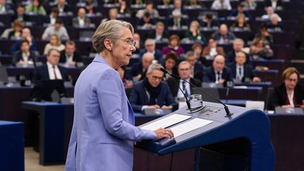 Prime Minister Elisabeth Borne speaks during the Departmental Conference in Strasbourg (Bas-Rhin), at the European Parliament, November 10, 2023. (MATHILDE CYBULSKI / HANS LUCAS / AFP)