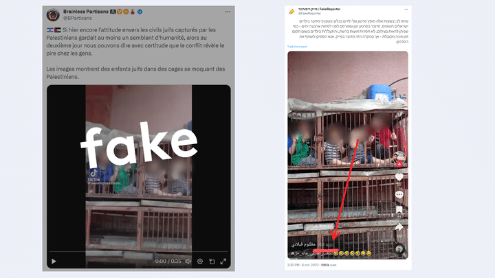 A gauche, vidéo postée le 8 octobre censée montrer "des enfants juifs dans des cages". A droite, la même séquence retrouvée par @FakeReporter qui avait été postée quatre jours plus tôt sur TikTok. (CAPTURE D'ECRAN)