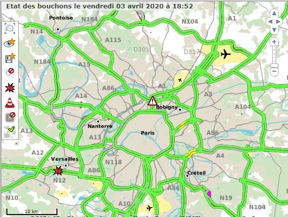 Carte représentant les bouchons en région parisienne, le 3 avril 2020, à 18h30. (CAPTURE D'ECRAN / SYTADIN.FR)