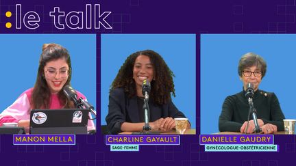 Charline Gayault, youtubeuse et sage-femme libérale, et Danielle Gaudry, gynécologue-obstétrique, invitées du Talk franceinfo le 28 novembre 2022. (CAPTURE D'ECRAN TWITCH)