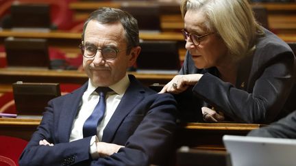 Bruno Retailleau, patron des sénateurs Les Républicains, s’est dit ce lundi sur France Bleu Loire Océan "outré" par les déclarations de la CGT voulant "mettre à genoux l’économie française" le 7 mars (LUDOVIC MARIN / AFP)