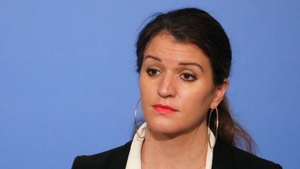 Marlène Schiappa&nbsp;participe à une conférence presse le 21 mars 2018 à l'Elysée (Paris). (LUDOVIC MARIN / AFP)