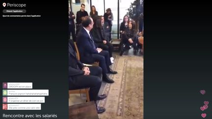 Capture d'écran des commentaires sur Periscope lors de la visite&nbsp;de François Hollande à l'entreprise Showroom privé en Seine-Saint-Denis, le 1er mars 2016.&nbsp; (Periscope)