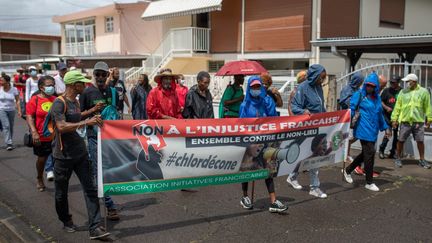 Plus d'un millier de personnes ont répondu à l'appel à manifester le 28 mai 2022 au Lamentin, en Martinique, lancé par plusieurs associations, syndicats et partis politiques pour réclamer justice dans l'affaire du chlordécone. (FANNY FONTAN / HANS LUCAS / AFP)