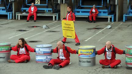 Des militants de Greenpeace bloquent l'accès des camions à une conserverie Petit Navire à Douarnenez (Finistère), le 23 mai 2016. (FRED TANNEAU / AFP)