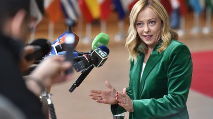 Italian Prime Minister Giorgia Meloni during a meeting of the European Council on December 15, 2023 in Brussels (Belgium).  (EUROPEAN UNION / HANS LUCAS)