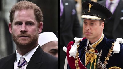 Présent au couronnement de son père, samedi 6 mai, à Londres (Royaume-Uni), le prince Harry a été relégué au troisième rang lors de la cérémonie. Ses relations avec son frère William et la famille royale britannique demeurent distendues. (FRANCEINFO)