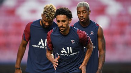 Eric Maxim Choupo-Moting, Marquinhos et Presnel Kimpembe à l'entraînement le 22 août 2020, à la veille de&nbsp;la finale de Ligue des Champions du PSG contre le Bayern Munich à Lisbonne. (DAVID RAMOS / AFP)