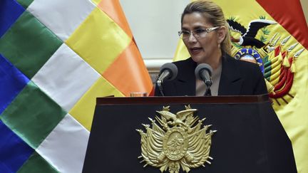 La présidente par intérim Jeanine Anez, le 28 janvier 2020 à La Paz (Bolivie).&nbsp; (AIZAR RALDES / AFP)