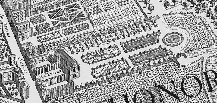 Plan de L&#039;hôtel d&#039;Évreux et ses jardins, vers 1737.
 (DR)