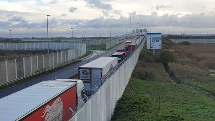 Des camions&nbsp;de&nbsp;marchandises&nbsp;bloqués à l'entrée du&nbsp;tunnel sous la Manche suite à une manifestation des pêcheurs Bretons, Normands et des Hauts-de-France. (BENJAMIN FONTAINE / RADIO FRANCE)