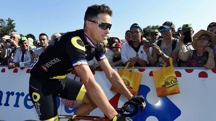 Sylvain Chavanel avant de prendre le départ de la première étape à Noirmoutier-en-l'Ile, le 7 juillet 2018. (ALEXANDRE MARCHI / MAXPPP)