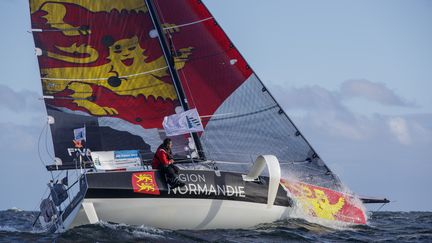 Alexis Loison et Guillaume Pirouelle à bord du Figaro Région Normandie lors du depart de la Transat en Double Concarneau-Saint Barthelemy, le 12 mai 2021. (ALEXIS COURCOUX)