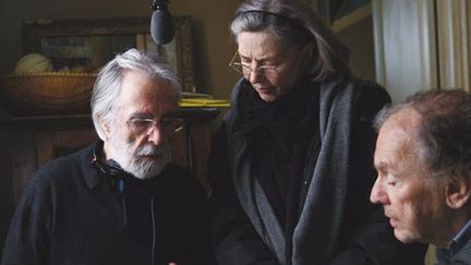 Michael Haneke, Emmanuelle Riva, Jean-Louis Trintignant sur le plateau d&#039;&quot;Amour&quot; Palme d&#039;or du 65e Fesival de Cannes
 (Les Films du Losange )