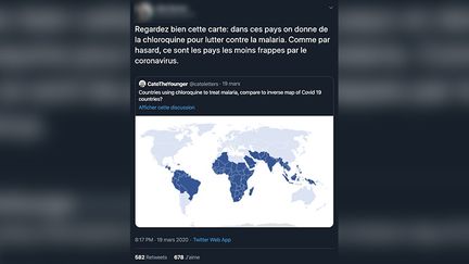 Capture d'écran d'un post Twitter présumant un lien entre l'utilisation de la chloroquine dans les pays touchés par le paludisme et l'absence de coronavirus. (CAPTURE ECRAN)