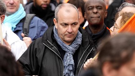 Le secrétaire général de la CFDT, Laurent Berger, lors d'une manifestation contre la réforme des retraites le 6 avril 2023 à Paris. (CHRISTOPHE ENA / AP / SIPA)