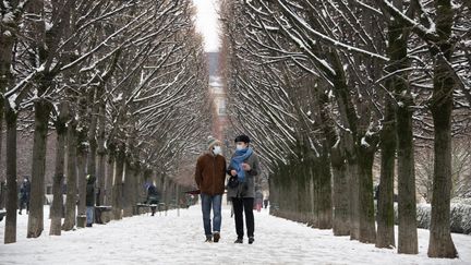 Les allées du Palais Royal enneigées à Paris, le 16 janvier 2021. (OLIVIER MORIN / AFP)