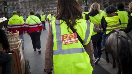 Un rassemblement des Gilets jaunes, un collectif&nbsp;oppos&eacute; &agrave; la r&eacute;forme des rythmes scolaires, le 15 mars 2014 &agrave; Paris. (  MAXPPP)