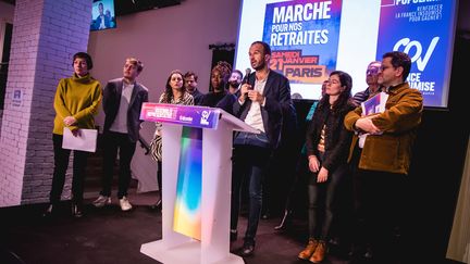 Manuel Bompard et d'autres responsables de La France insoumise, lors d'une conférence de presse à Paris, le 10 décembre 2022. (CHANG MARTIN/SIPA / SIPA)