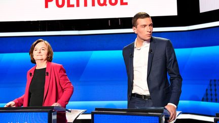 Les têtes de liste LREM et RN, Nathalie Loiseau et Jordan Bardella, le 4 avril 2019 à Paris. (BERTRAND GUAY / AFP)