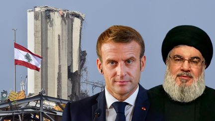 Emmanuel Macron et Hassan Nasrallah, chef du Hezbollah. (PHOTOS AFP ET MAXPPP)