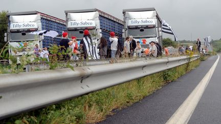 Manifestation de salari&eacute;s de Tilly-Sabco, le 15 juillet 2014, sur la route Rennes-Brest, pr&egrave;s de Plouegat-Moysan (Finist&egrave;re). (FRED TANNEAU / AFP)