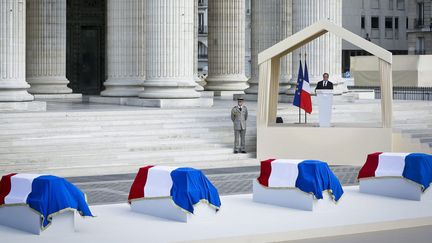 Le président François Hollande prononce un discours d'hommage à Pierre Brossolette, Geneviève Anthonioz-De Gaulle, Germaine Tillion et Jean Zay au Panthéon (27 mai 2015)
 (Thomas Padilla / MAXPPP)