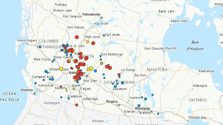 Le Système canadien d’information sur les feux de végétation fait état d'incendies en Alberta, province du Canada, le 9 mai 2023. (CAPTURE D'ECRAN / SYSTEME CANADIEN D'INFORMATION SUR LES FEUX DE VEGETATION)