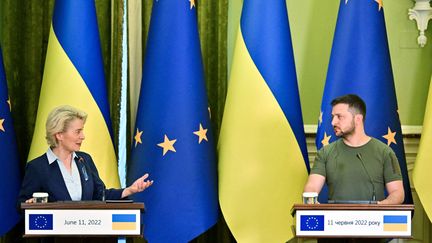 La présidente de la Commission européenne Ursula von der Leyen et le président ukrainien Volodymyr Zelensky à Kiev (Ukraine), le 11 juin 2022. (SERGEI SUPINSKY / AFP)