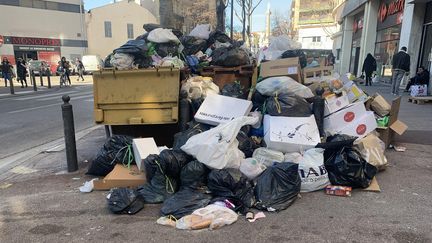 Des poubelles qui débordent dans le 6e arrondissement de Marseille en raison de la grève des éboueurs (JULIEN PASQUALINI / FRANCE-INFO)