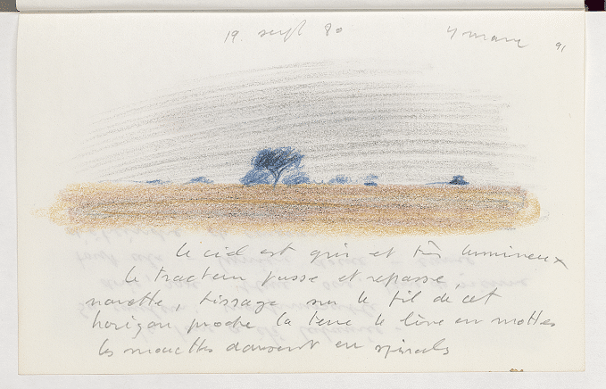 1980, Ymare, dessin et texte : « Le ciel est gris et très lumineux. Le tracteur passe et repasse, navette, tissage sur le fil de cet horizon proche, la terre le lève en mottes, les mouettes dansent en spirales. »
 (BnF, Centre national de la littérature pour la jeunesse, département Littérature et art)