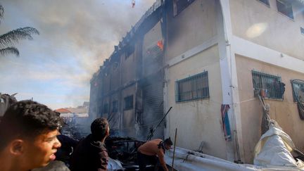 A center of the UN agency for Palestinian refugees (UNRWA) hit by gunfire in Khan Younes, in the south of the Gaza Strip, on January 24, 2024. (RAMEZ HABBOUB / ANADOLU / AFP)