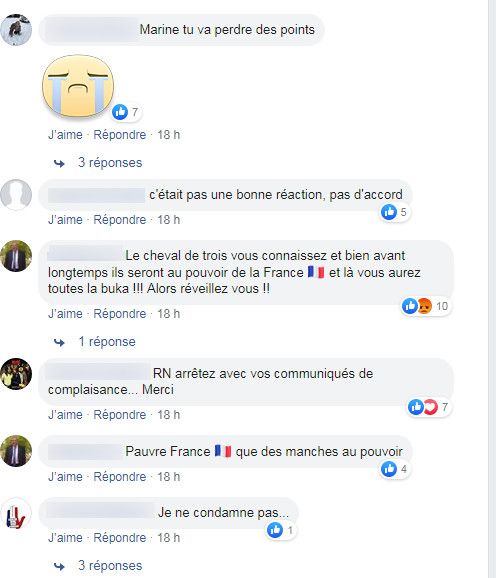 Capture d'écran de commentaires sur le post Facebook du RN condamnant l'attaque contre la mosquée de Bayonne. (FACEBOOK)