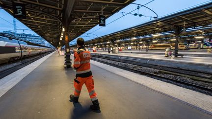 Un cheminot sur les quais d'une gare parisienne, le 2 avril 2018. (KARINE PIERRE / HANS LUCAS)