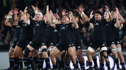 Les All Blacks lors du traditionnel "haka" avant d'être défaits par les Irlandais à Eden Park, à Auckland, le 2 juillet 2022. (MICHAEL BRADLEY / AFP)