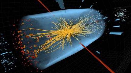 Repr&eacute;sentation d'une collision de protons r&eacute;alis&eacute;e dans l'acc&eacute;l&eacute;rateur de particules du Cern. ((FABRICE COFFRINI&nbsp;/ AFP))