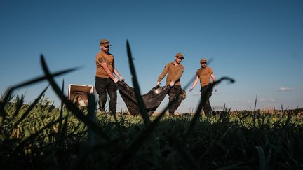 Des membres de l'organisation ukrainienne "Black Tulip" identifient des restes de soldats ukrainiens dans la région de Bakhmout, en Ukraine, le 1er juillet 2024. (PABLO MIRANZO / ANADOLU / AFP)