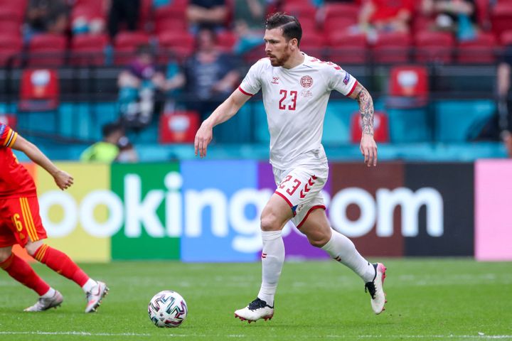 Pierre-Emile Hojbjerg lors du&nbsp;huitième de finale entre le Danemark et le&nbsp;pays de Galles, le 26 juin à Amsterdam (MARCEL TER BALS / ORANGE PICTURES / AFP)