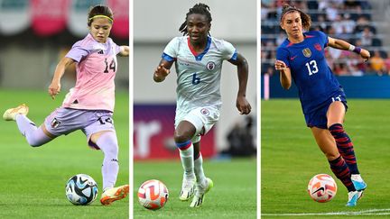 La Japonaise Yui Hasegawa, la jeune pépite Haïtienne Melchie Dumornay et la légende américaine Alex Morgan. (AFP)