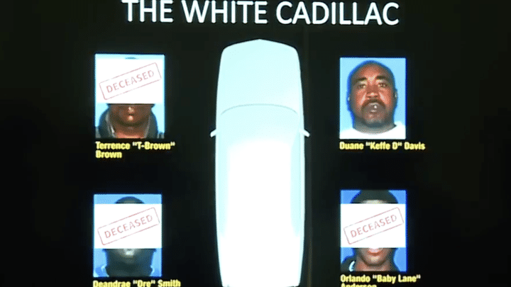 Les occupants de la Cadillac blanche impliquée dans le meurtre du rappeur Tupac Shakur, selon un document montré par la police de Las Vegas (Etats-Unis), le 29 septembre 2023. (POLICE DE LAS VEGAS)