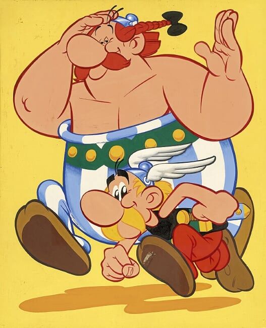 Albert UDERZO : Astérix et Obélix Gouache sur carton fin pour la couverture de l'album à colorier Punch édité en 1966 par les éditions Dargaud. Référence 101/15. (ARTCURIAL)