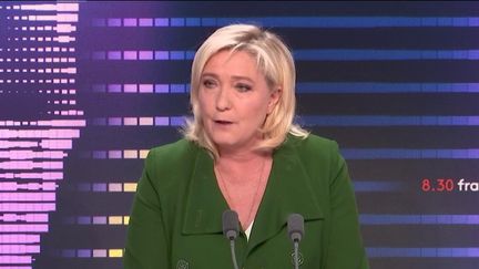 Marine Le Pen, la candidate du Rassemblement national à la présidentielle, le 21 mars 2022 sur franceinfo. (FRANCEINFO / RADIO FRANCE)