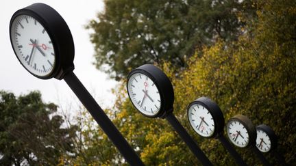 Des horloges dans un parc de Düsseldorf (Allemagne), le 25 octobre 2017. (ROLF VENNENBERND / DPA / AFP)