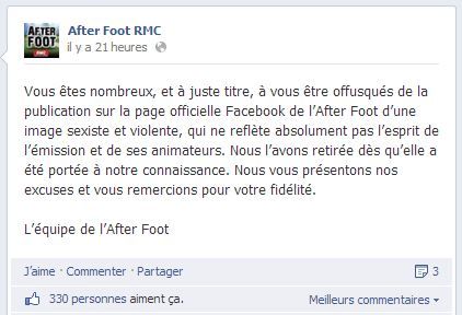 Capture d'&eacute;cran de la r&eacute;ponse post&eacute;e par l'&eacute;quipe de l'&eacute;mission After foot de RMC, le 14 f&eacute;vrier 2014. (FACEBOOK / FRANCETV INFO)