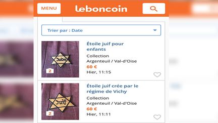 Capture d'écran d'une annonce concernant une "Etoile juif pour enfants" sur le site leboncoin.fr, le 14 janvier 2018. (CAPTURE ECRAN / FRANCEINFO)