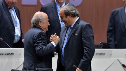 Joseph Blatter (à gauche) et Michel Platini, lors du 65e Congrès de la Fifa à Zurich (Suisse), le 29 mai 2015. (MELANIE DUCHENE / AFP)