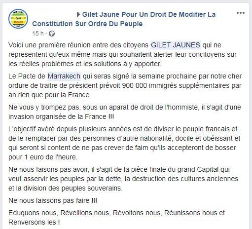 Un message publié le 3&nbsp;décembre 2018 sur la page d'un groupe Facebook de soutien aux "gilets jaunes", condamnant le pacte de l'ONU sur les migrations.&nbsp; (FACEBOOK)