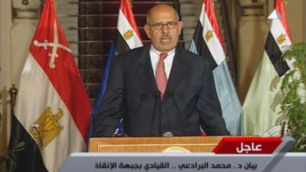 Le prix Nobel de la Paix Mohamed El-Baradei, leader de l'opposition, lors d'une allocution &agrave; la t&eacute;l&eacute;vision &eacute;gyptienne, le 3 juillet 2013. (EGYPTIAN TV / AFP)