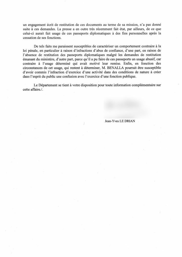 Dans une lettre datée du 28 décembre 2018, le ministre des Affaires étrangères saisit le procureur de la République concernant les agissements&nbsp;d'Alexandre Benalla. (FRANCEINFO / RADIOFRANCE)