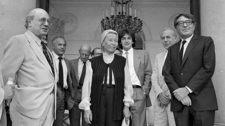 Pierre Nora, Michel Foucault, Simone de Beauvoir, Alain Finkielkraut, Jean Daniel et Claude Lanzmann en septembre 1982 au palais de l'Élysée. (YVES PARIS / AFP)